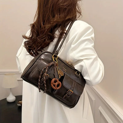 women's retro solid color pu leather shoulder bag with multiple pockets large capacity comes with a detachable accessory charm