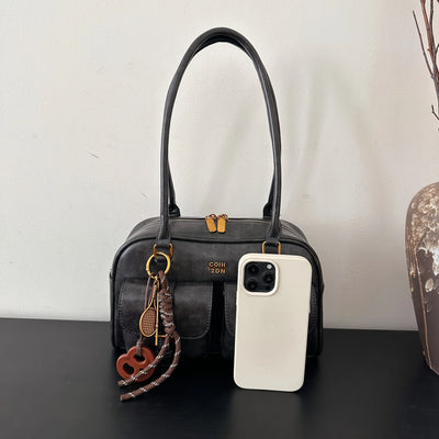 women's retro solid color pu leather shoulder bag with multiple pockets large capacity comes with a detachable accessory charm