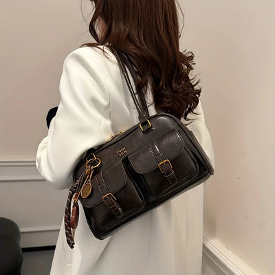 women's retro solid color pu leather shoulder bag with multiple pockets large capacity comes with a detachable accessory charm